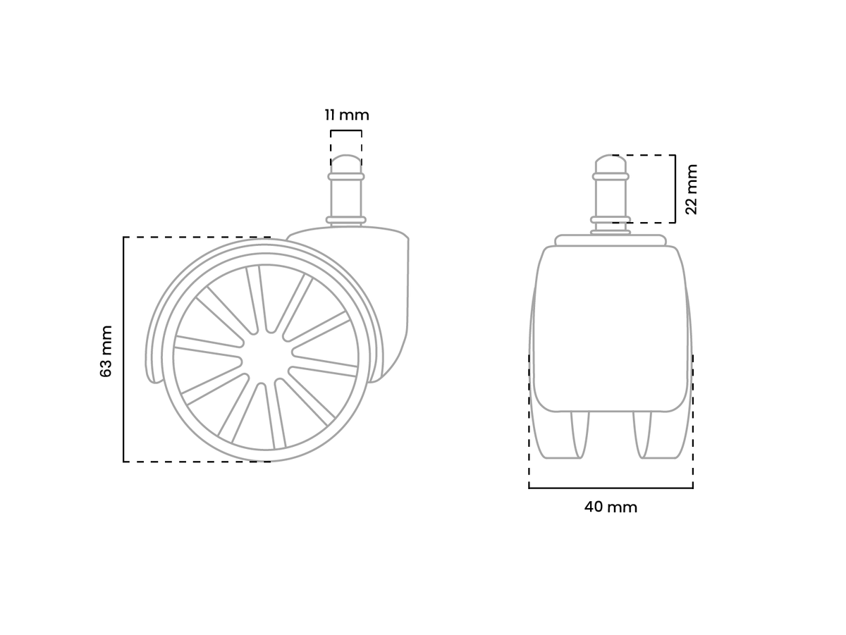 Technical drawing of a caster wheel with labeled dimensions in millimeters.