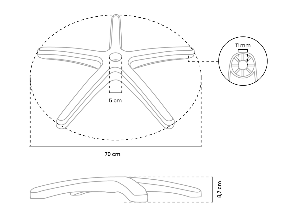 Line drawing of a chair base with dimensions: 70 cm wide, 8.7 cm tall, center hole 11 mm.