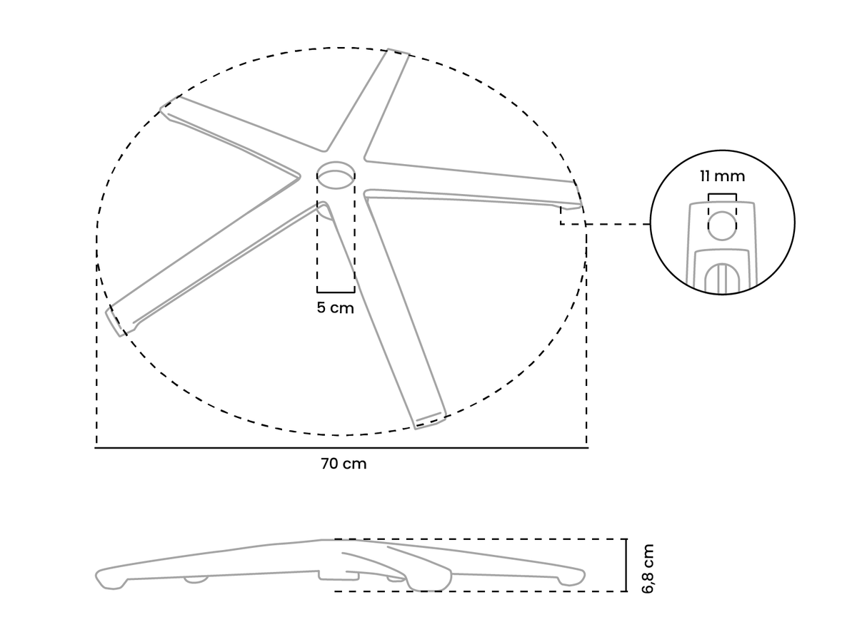 Chair base diagram with top and side views, showing 70 cm width and detailed 11 mm slot.