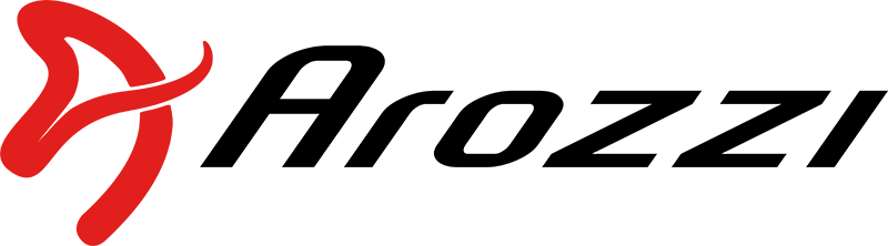 Arozzi logo with red abstract symbol and black stylized text on white background.