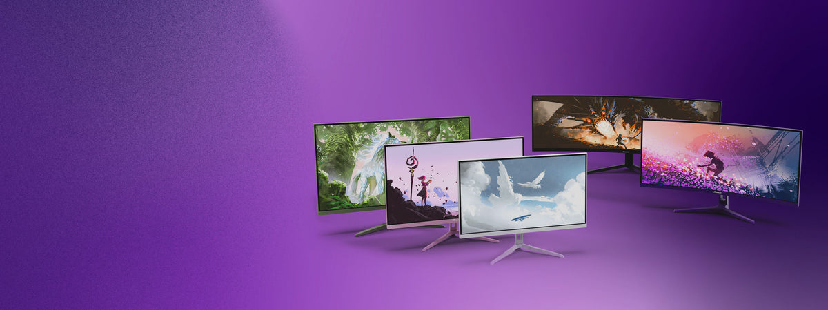 Four curved monitors with colorful fantasy scenes on a purple background.
