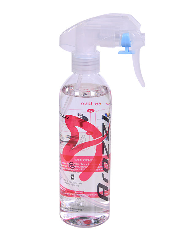Clear spray bottle labeled Arozzi with a trigger nozzle, filled with liquid.