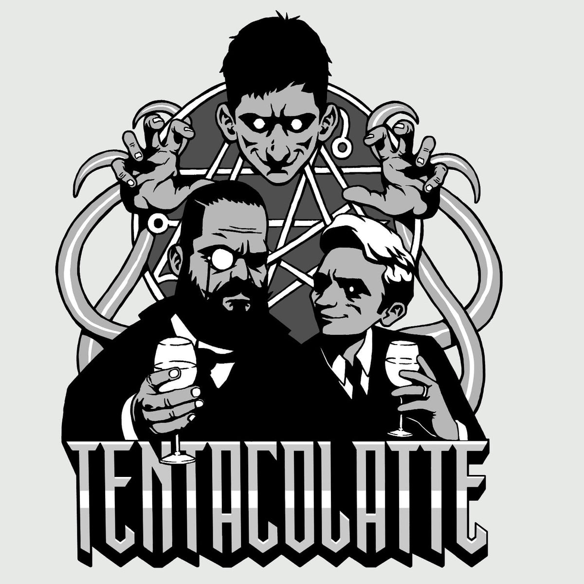 Three men, tentacles, and a pentagram, with TENTACOLATTE text at the bottom.