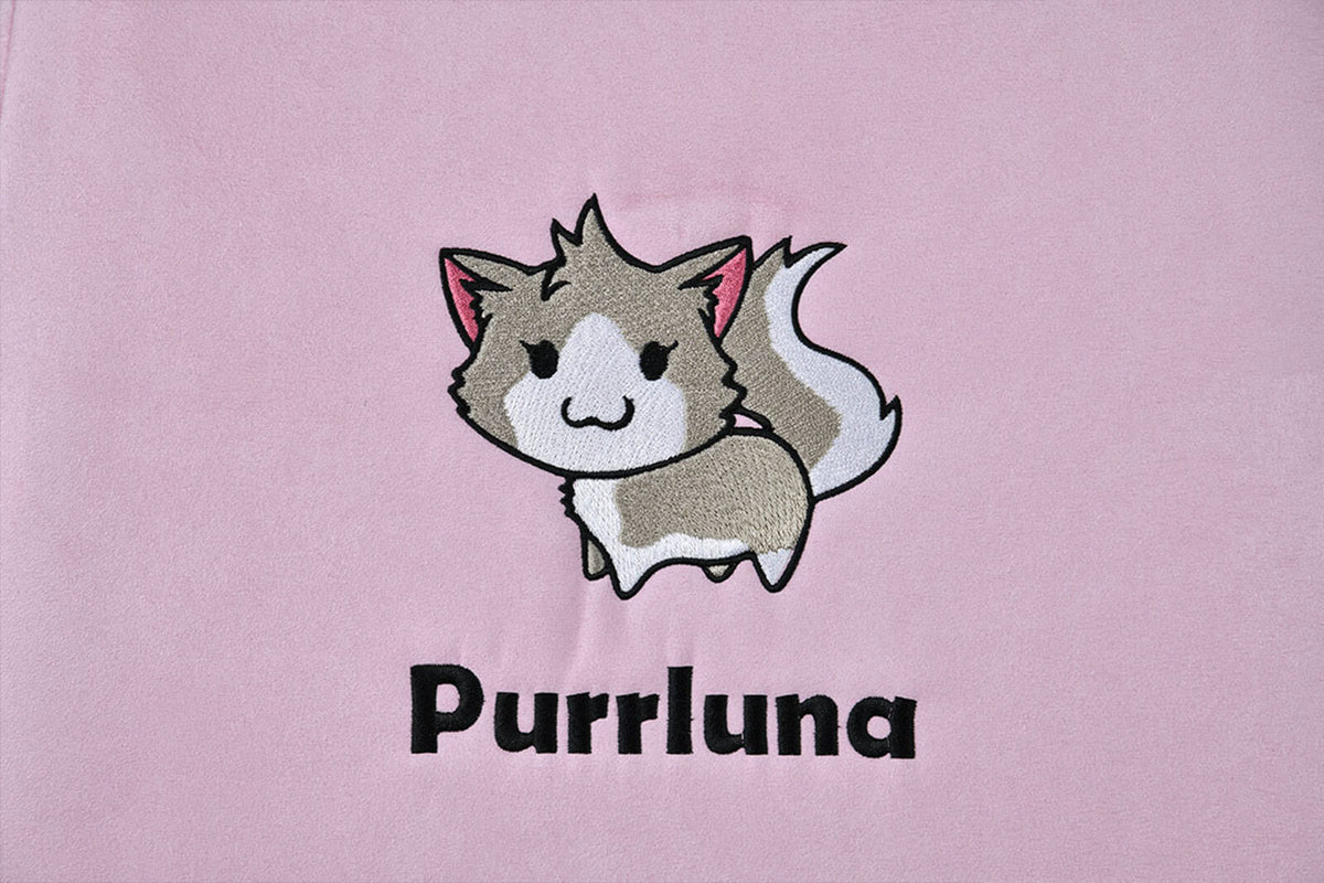 Cartoon cat with Purrluna text on a pink background.