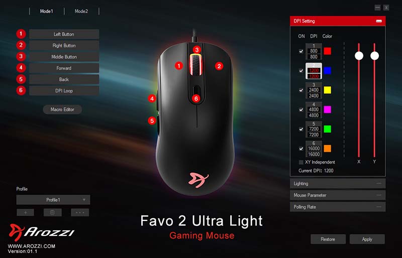 Favo 2 Ultra Light gaming mouse settings interface with customizable button options displayed.