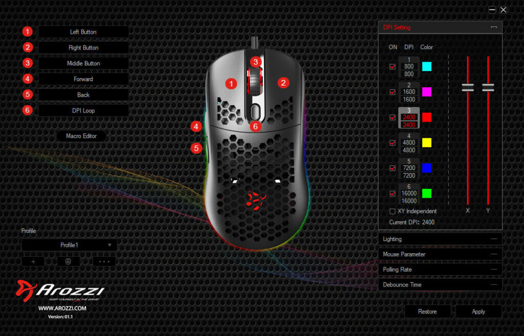 Gaming mouse settings software interface with mouse diagram and DPI adjustment options shown.