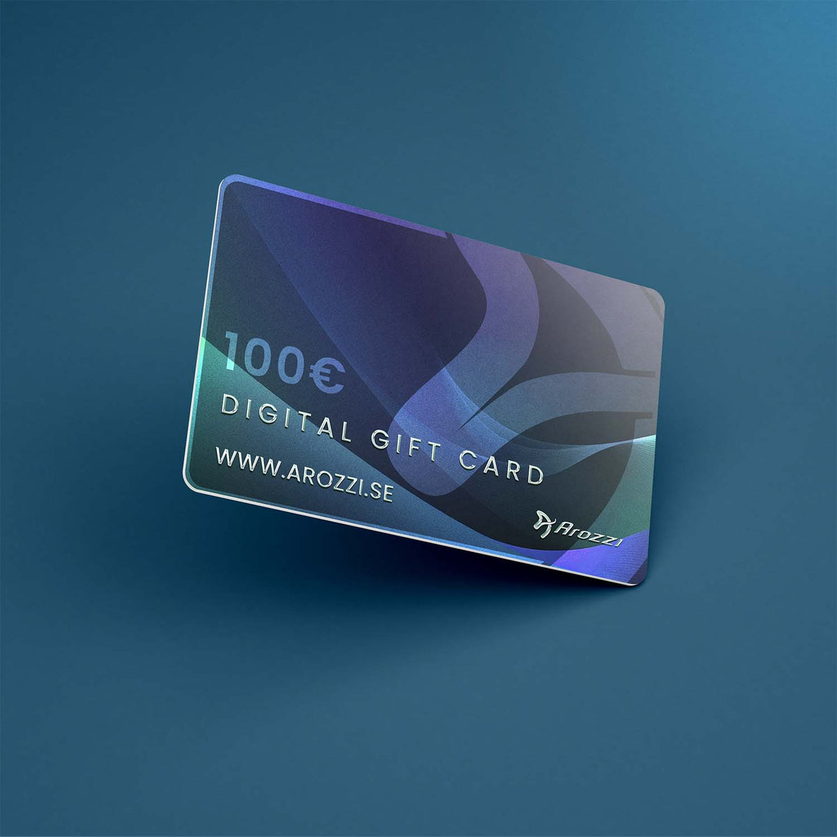 Arozzi Europe Digital Gift Card, 100€, blue-purple abstract design on a blue background.