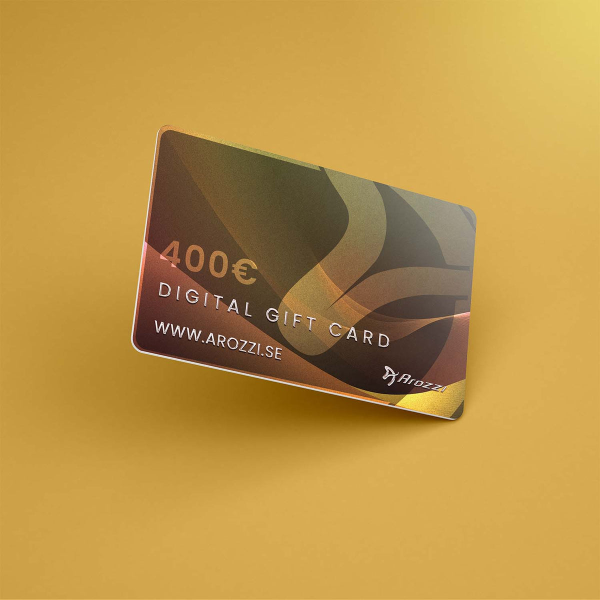 Arozzi Europe: 400€ Digital Gift Card for gamers, shown on a yellow background.