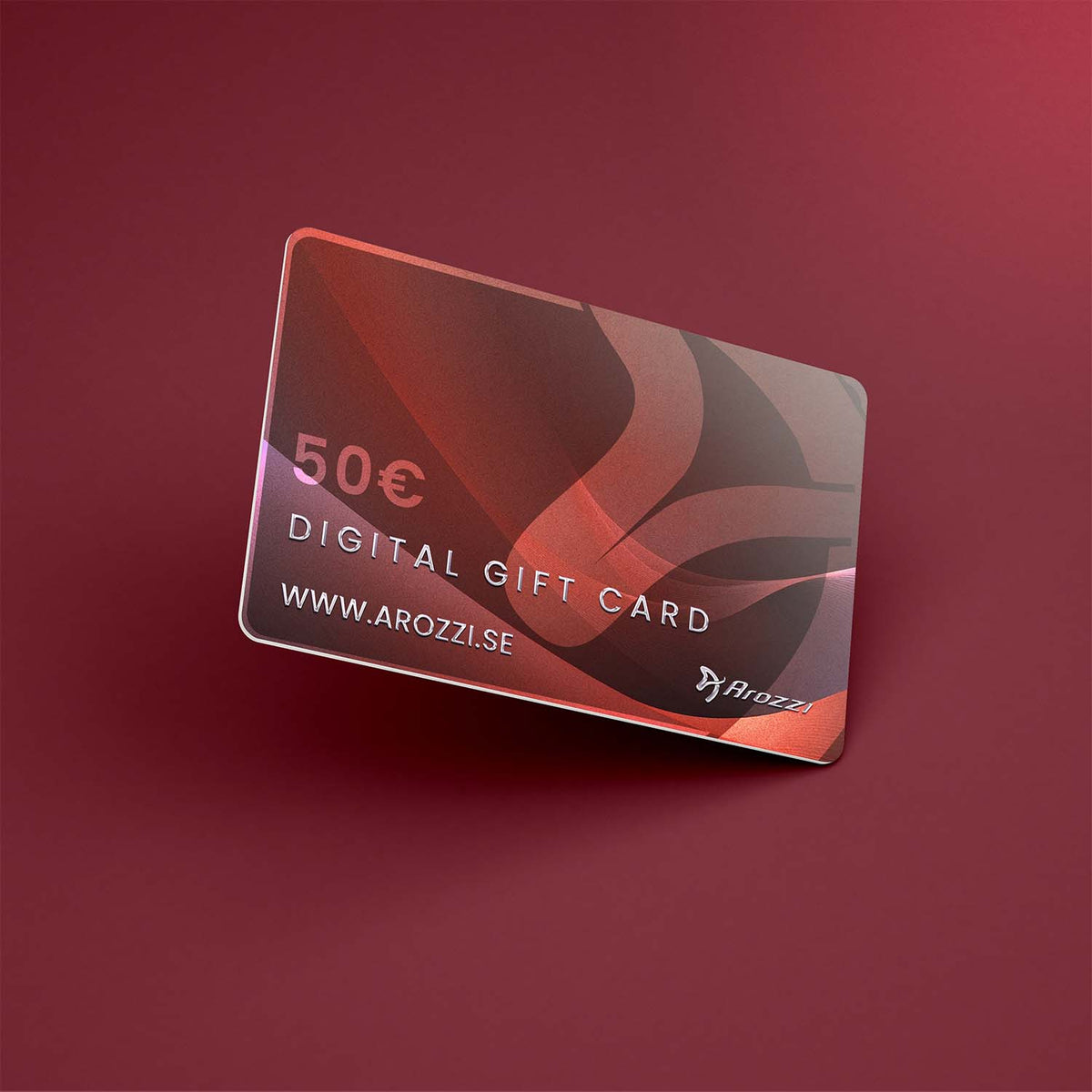 Arozzi Europe €50 Digital Gift Card for gamers, shown on a vivid red background.