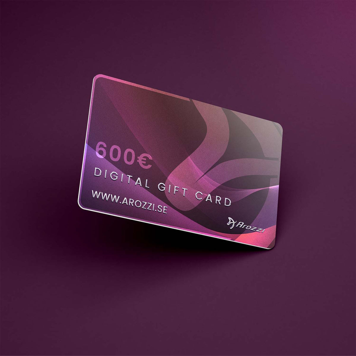 Arozzi Europe 600€ Digital Gift Card for gamers, shown on a vibrant purple background.