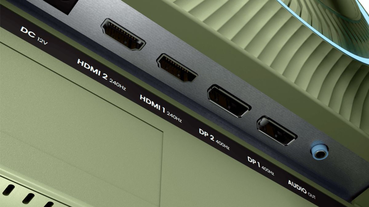 Close-up of four video ports labeled HDMI and DP, plus DC power and audio out on a device.