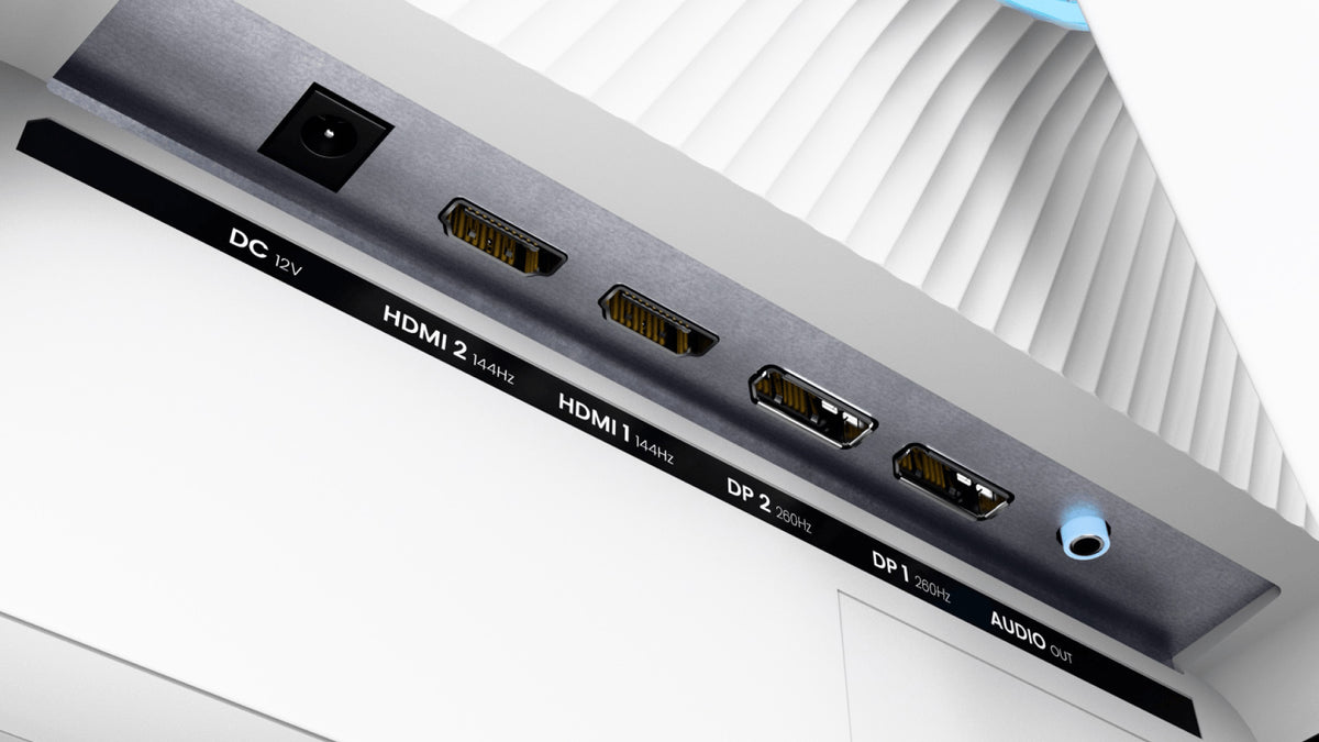 Close-up of monitor ports labeled DC, HDMI 2, HDMI 1, DP 2, DP 1, and AUDIO OUT.