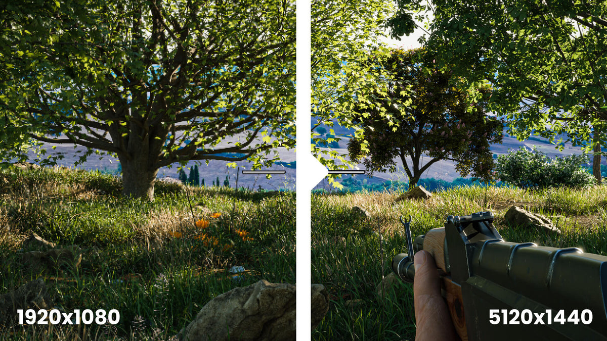 Split image compares video game graphics at 1920x1080 and 5120x1440 resolutions.
