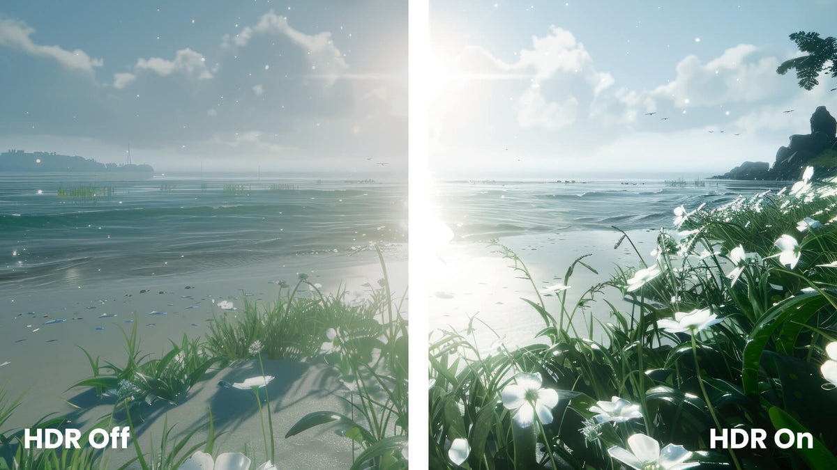 Split image of a beach, left side dull (HDR off), right side bright and vivid (HDR on).
