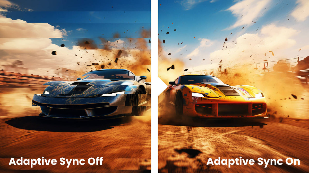 Two racing cars, one with blurry details, one sharp. Text: Adaptive Sync Off/On.