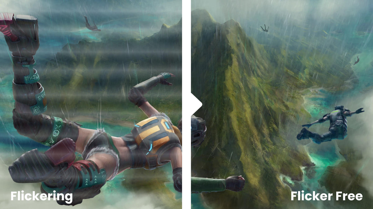 Split image: left side shows flickering skydiver, right side shows clear, flicker-free skydiver.