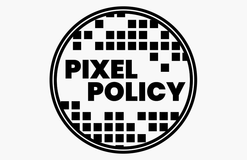 Circular logo with the words PIXEL POLICY and scattered black squares around the text.