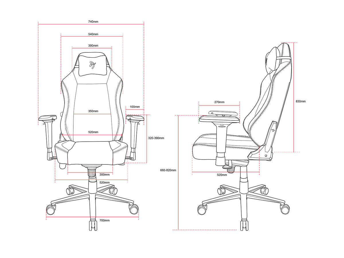 Line drawings of a gaming chair with detailed measurements in millimeters shown from two angles.