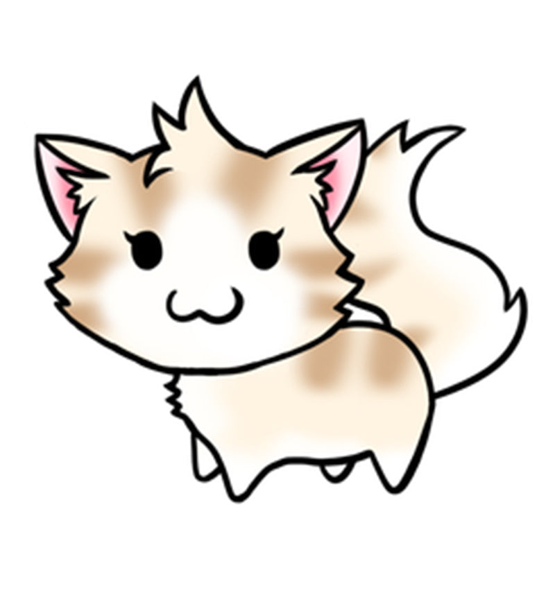 Cartoon fluffy cat with tan spots, big tail, and pink ears, smiling on a white background.