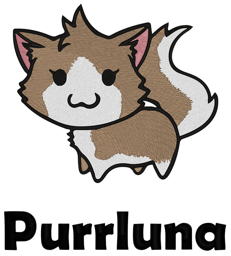 Cartoon brown and white cat with large tail, smiling; text below reads Purrluna..