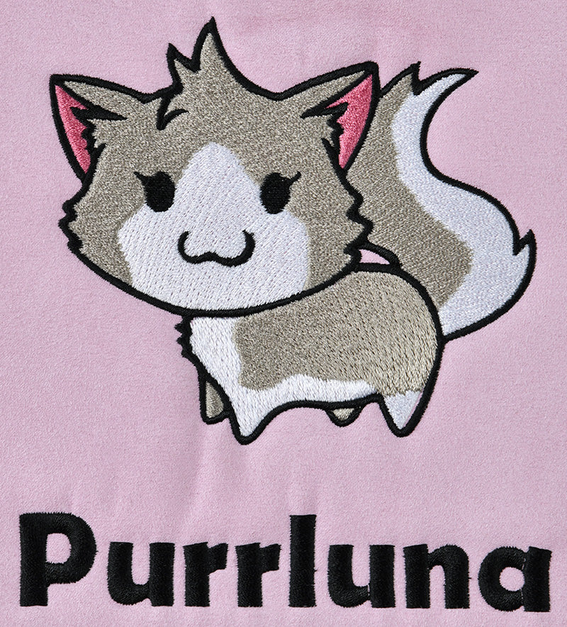 Cute cartoon cat with fluffy tail, embroidered on pink fabric, with Purrluna written below.