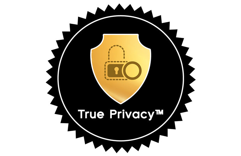 Gold shield with a lock icon and True Privacy™ text on a black circular badge.